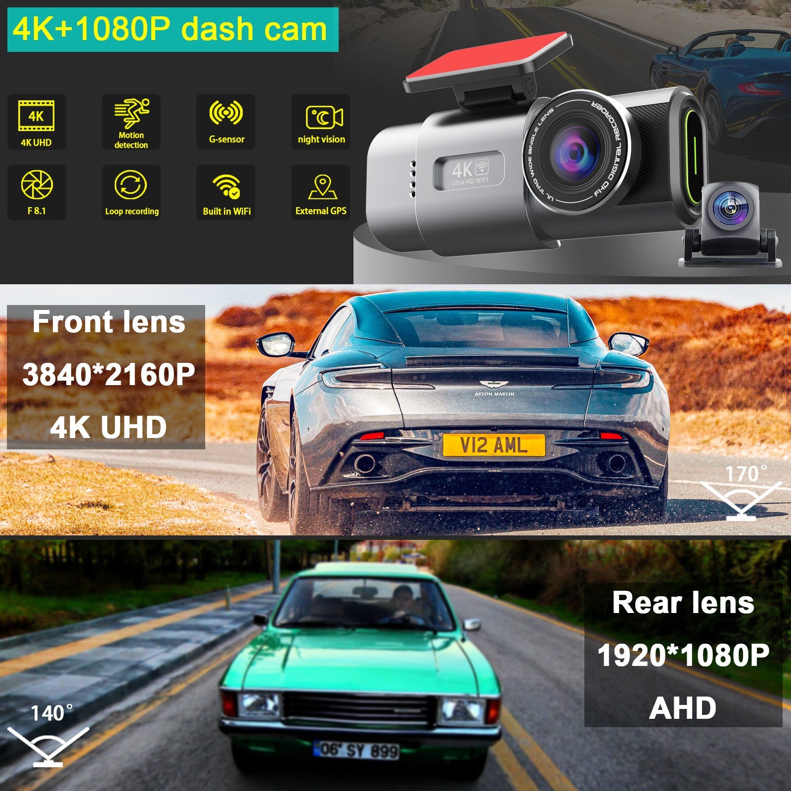 4K UHD 2160P WiFi Dash Cam Front Car Camera, 64GB, Night Vision