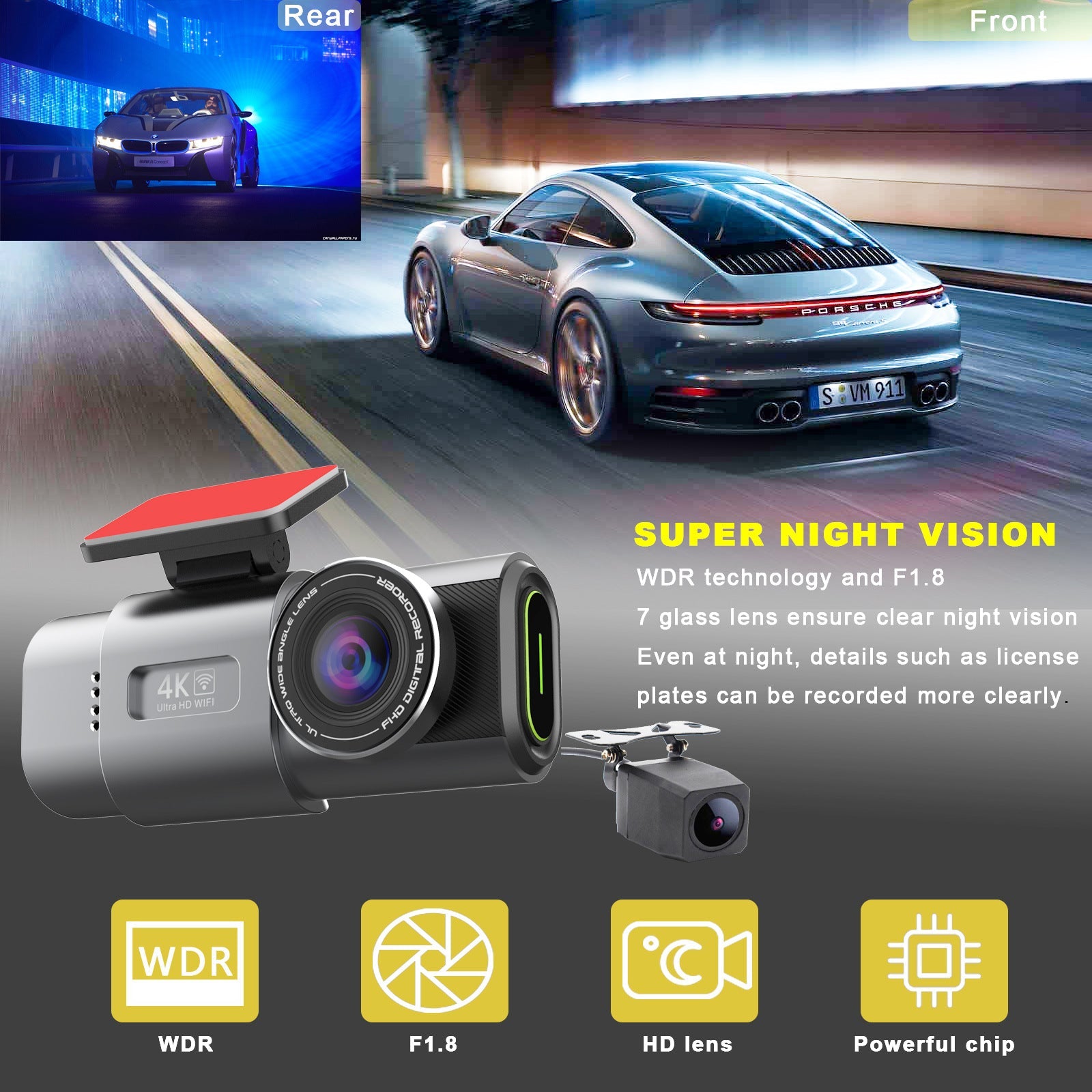 4K UHD 2160P WiFi Dash Cam Front Car Camera, 64GB, Night Vision