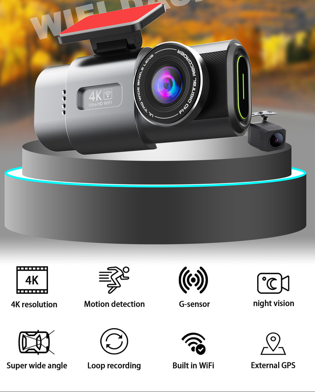 4K UHD 2160P WiFi Dash Cam Front Car Camera, 64GB, Night Vision