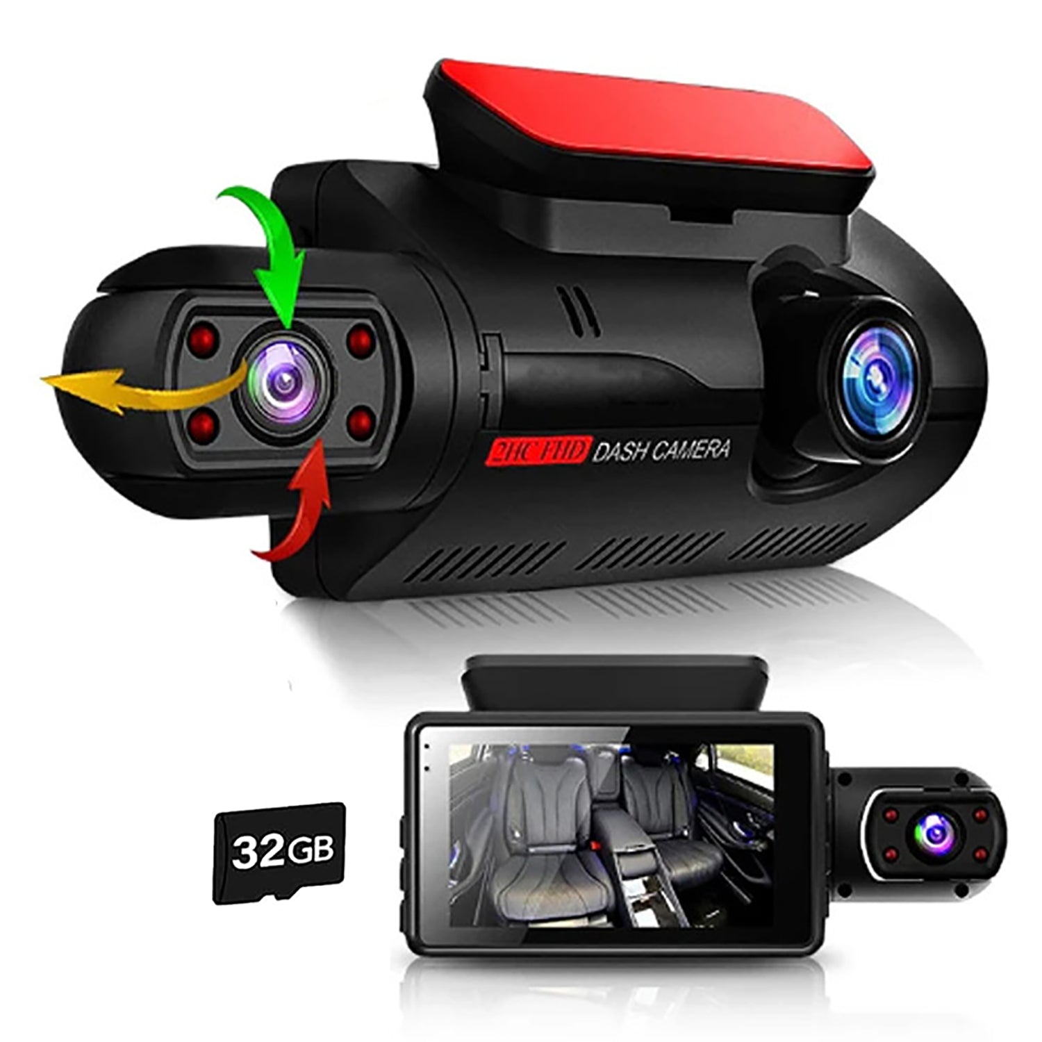 FHD 1080P Dual Lens Dash Cam with HDR, G-Sensor, 32GB Card