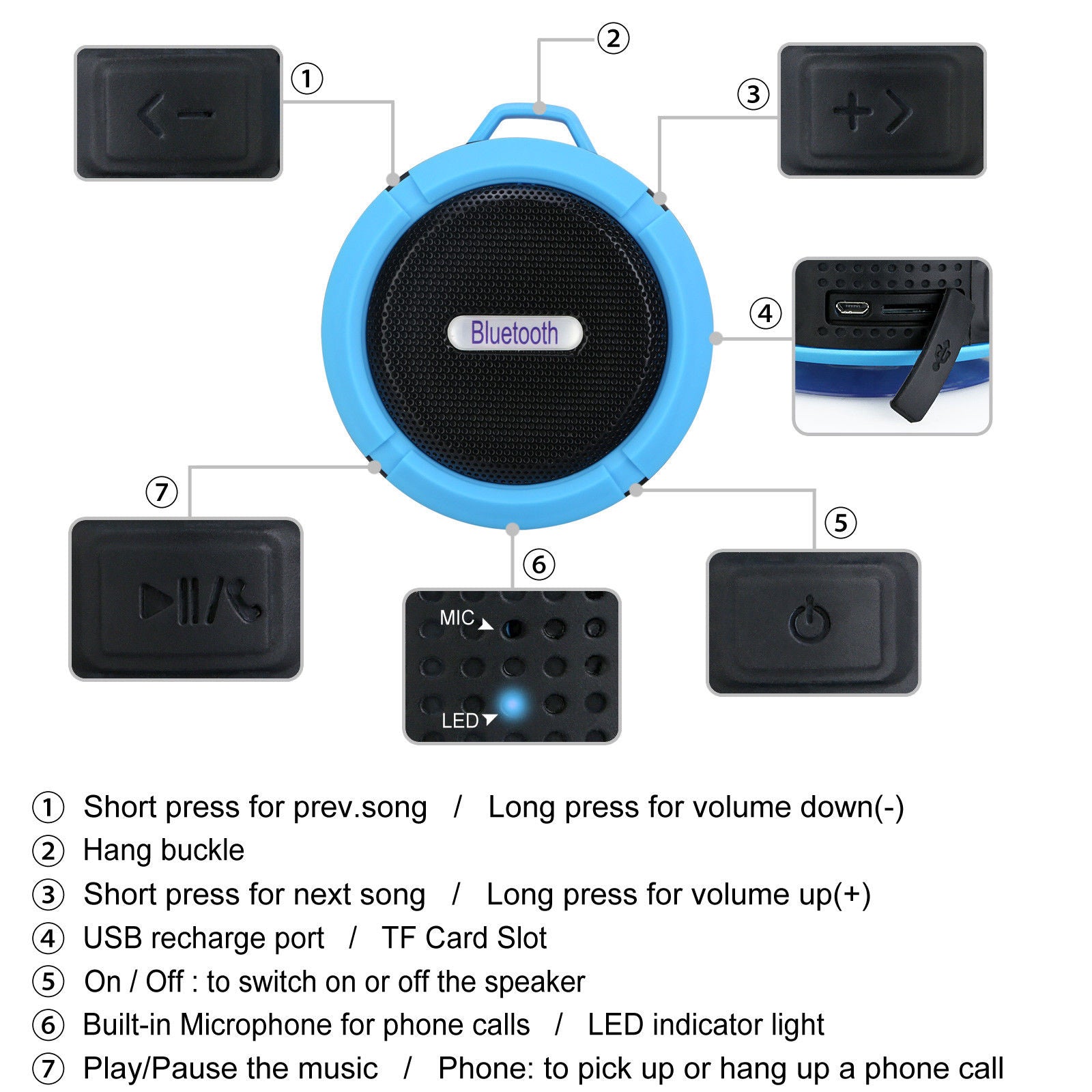 Waterproof Wireless Mini Bluetooth Speaker, Mic, Suction