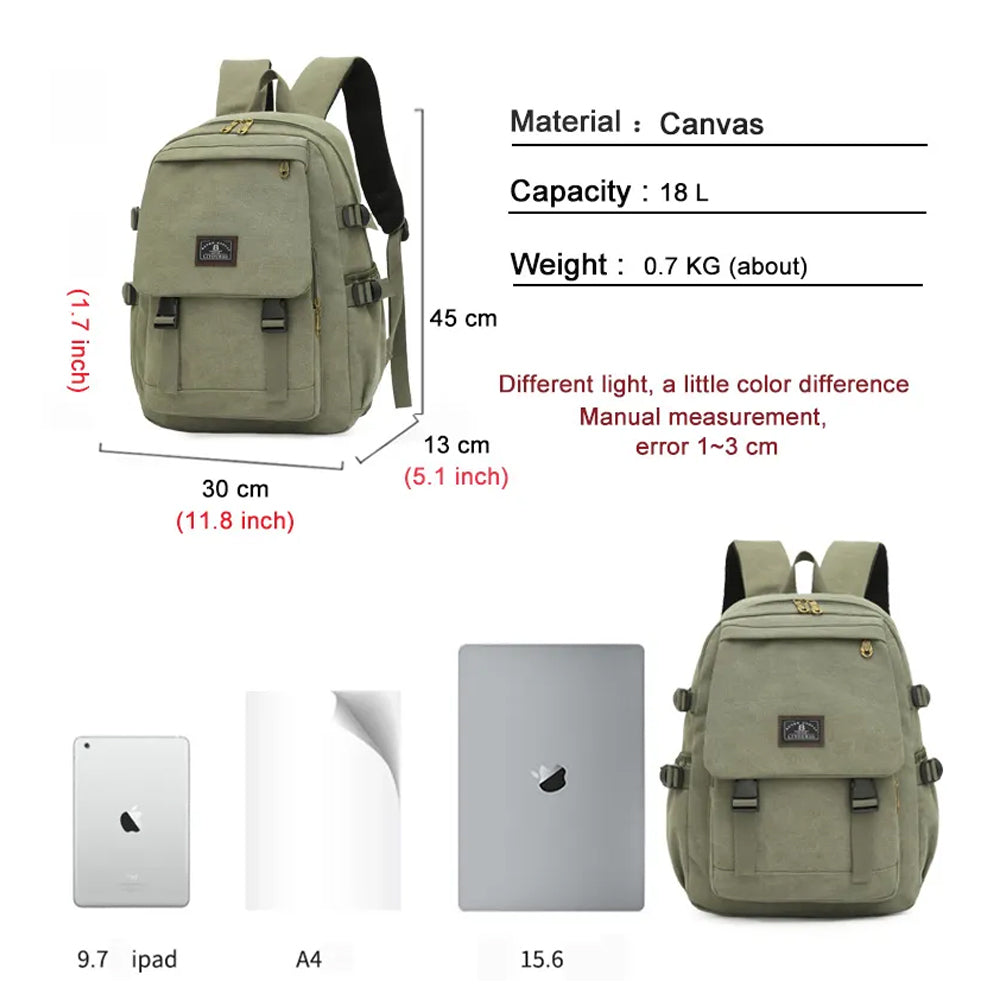 Unisex Leisure Canvas Backpack Durable Waterproof Outdoor Travel Rucksack Khaki