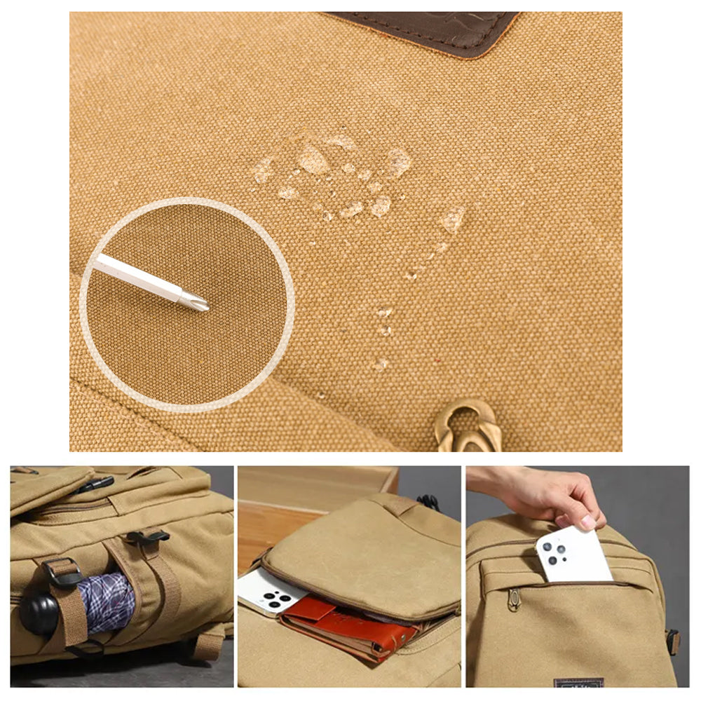 Unisex Leisure Canvas Backpack Durable Waterproof Outdoor Travel Rucksack Khaki