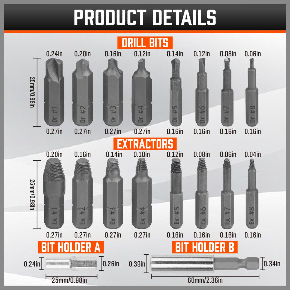 High Hardness Magnetic Screw Extractor Set - 18pcs CR-V Steel