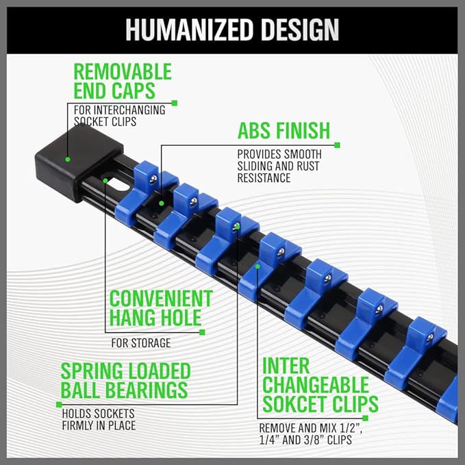 SWANLAKE Organizer Socket Holder, 9PCS 1/4-Inch x 48 Clips, 3/8-Inch x 45 Clips, 1/2-Inch x 36 Clips, Premium Quality Socket Clip Rail Holder 9PC