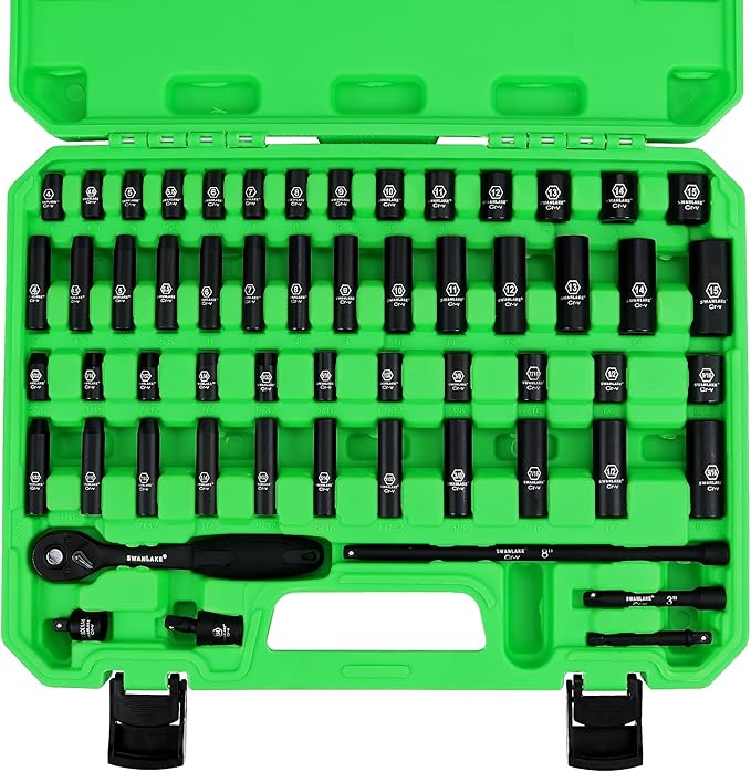 SWANLAKE 1/4" Drive Impact Socket Set, 56-Piece Standard SAE 5/32 to 9/16 inch and Metric 4-15mm Size, 6 Point, Cr-V, 1/4-Inch Drive Ratchet Handle, Drive Extension Bar, Impact Universal Joint