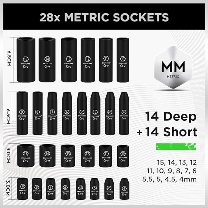 SWANLAKE 1/4" Drive Impact Socket Set, 56-Piece Standard SAE 5/32 to 9/16 inch and Metric 4-15mm Size, 6 Point, Cr-V, 1/4-Inch Drive Ratchet Handle, Drive Extension Bar, Impact Universal Joint