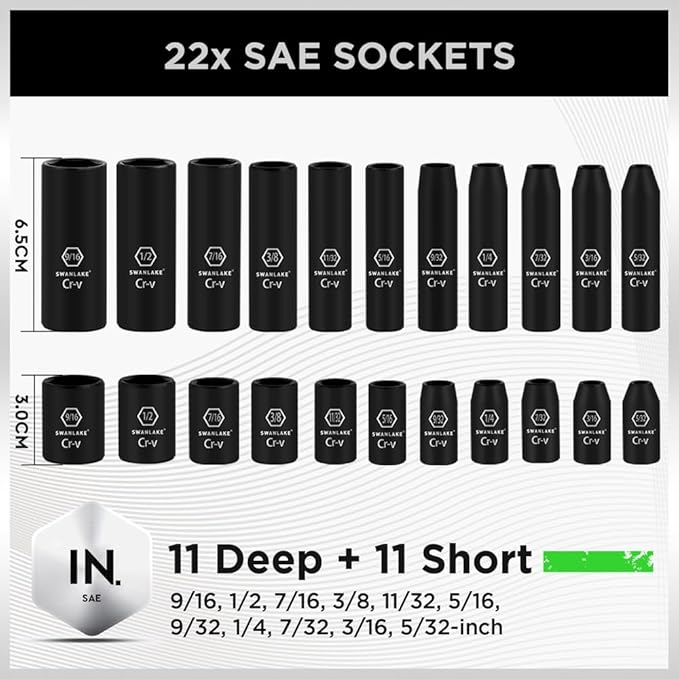 SWANLAKE 1/4" Drive Impact Socket Set, 56-Piece Standard SAE 5/32 to 9/16 inch and Metric 4-15mm Size, 6 Point, Cr-V, 1/4-Inch Drive Ratchet Handle, Drive Extension Bar, Impact Universal Joint