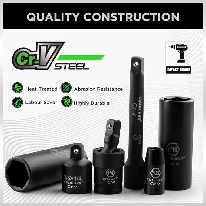 SWANLAKE 1/4" Drive Impact Socket Set, 56-Piece Standard SAE 5/32 to 9/16 inch and Metric 4-15mm Size, 6 Point, Cr-V, 1/4-Inch Drive Ratchet Handle, Drive Extension Bar, Impact Universal Joint