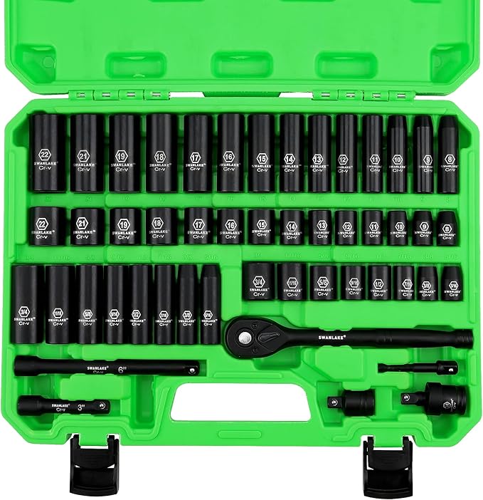 SWANLAKE 3/8" Drive Impact Socket Set, 50-Piece Standard SAE 5/16 to 3/4 inch and Metric 8-22mm Size, 6 Point, Cr-V, 3/8-Inch Ratchet Handle, Extension Bar, Universal Joint