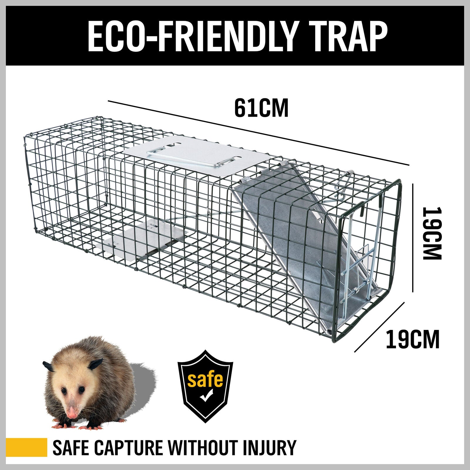 Humane Live Animal Trap Cage, Secure Steel, 61x19x19CM