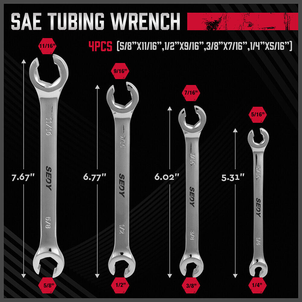 Heat-Treated Chrome Flare Nut Spanner Set SAE 4Pc - SEDY