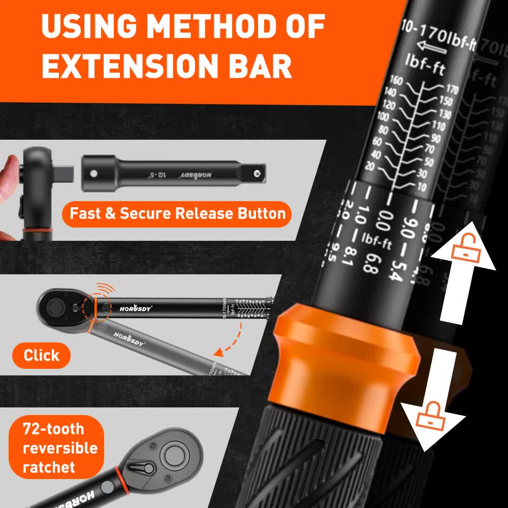3Pc 1/2" Drive Click Torque Wrench Ratchet Socket Adaptor Extension WorkShop