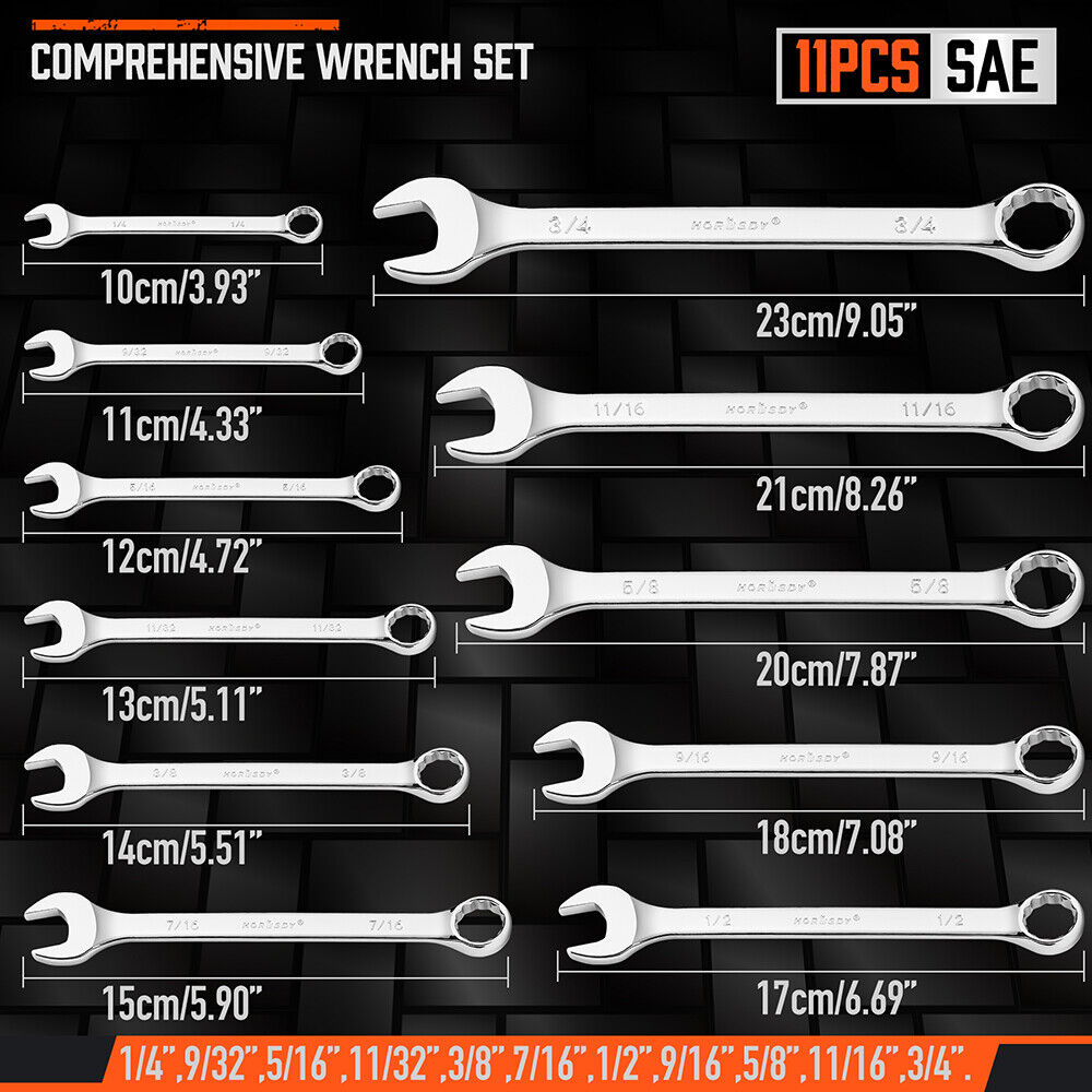 11Pcs Chrome Vanadium Combo Wrench Set, Anti-Rust, 12 Point