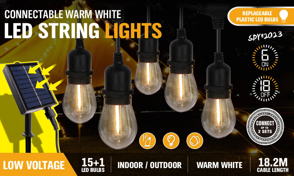 Warm White Solar Festoon String Lights, 15 LEDs, Waterproof