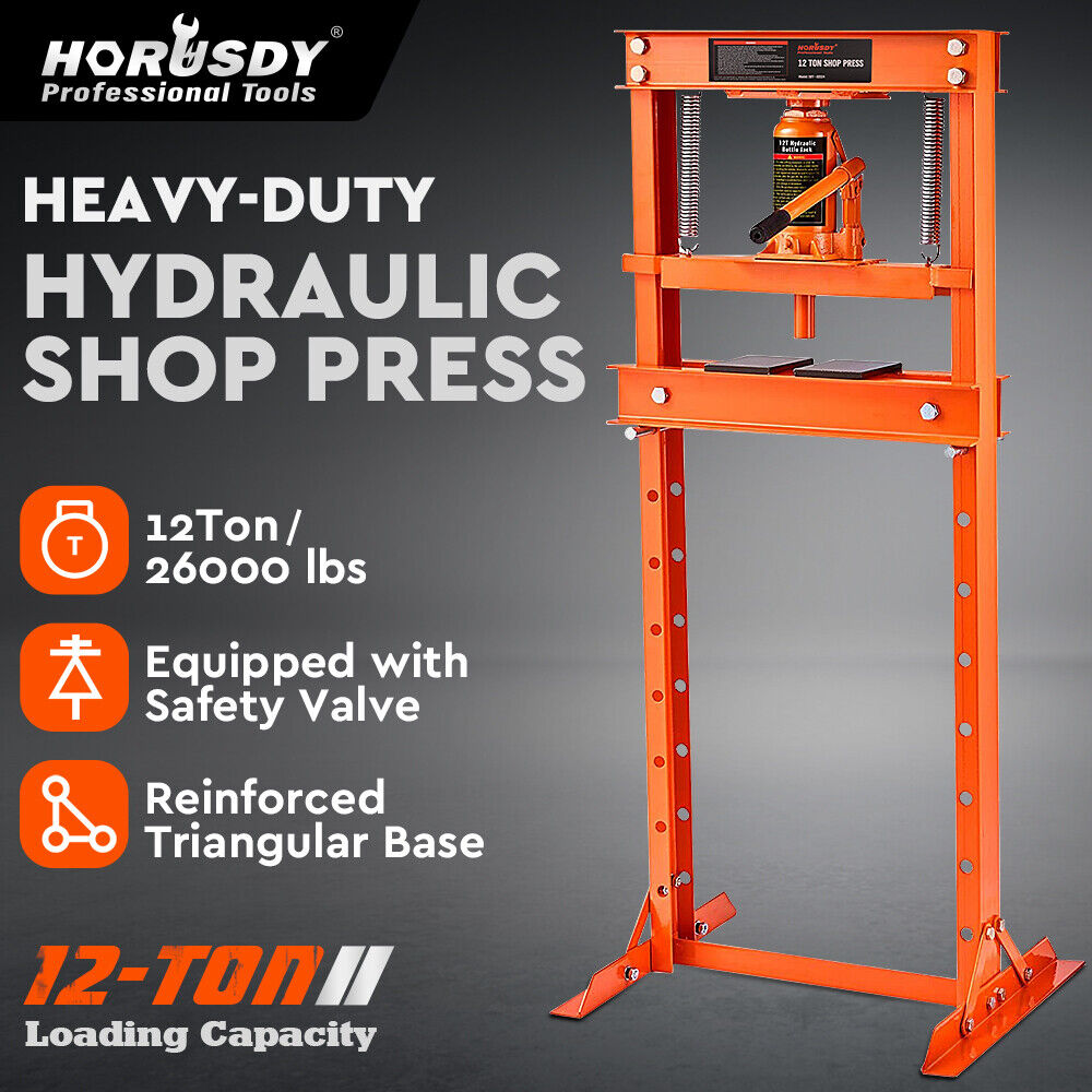 12T Hydraulic Shop Press, Relief Valve, Adjustable Height, HORUSDY