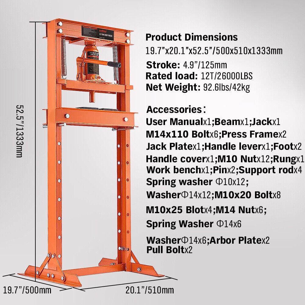 12T Hydraulic Shop Press, Relief Valve, Adjustable Height, HORUSDY