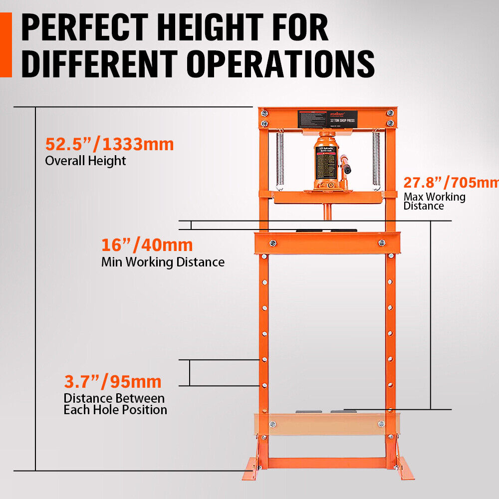 12T Hydraulic Shop Press, Relief Valve, Adjustable Height, HORUSDY