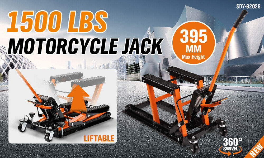 1500LBS Hydraulic Motorcycle Scissor Jack, Safety Pin, Casters