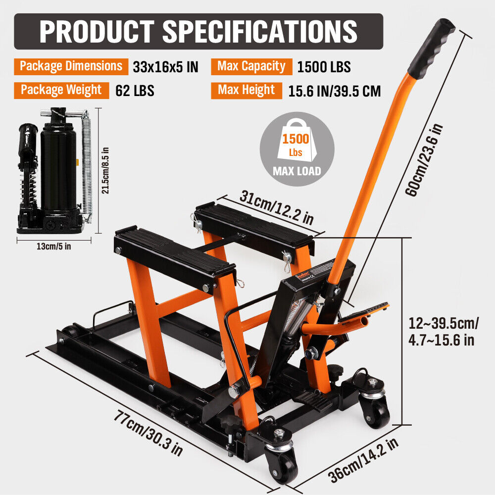 1500LBS Hydraulic Motorcycle Scissor Jack, Safety Pin, Casters