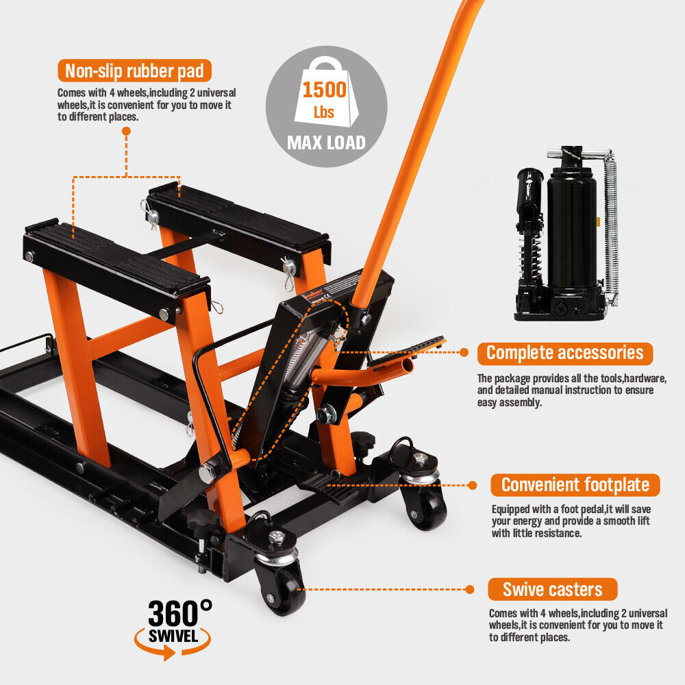 1500LBS Hydraulic Motorcycle Scissor Jack, Safety Pin, Casters