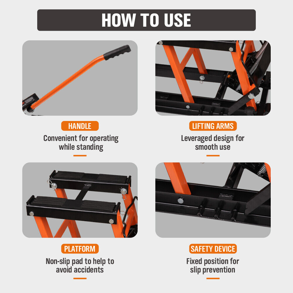 1500LBS Hydraulic Motorcycle Scissor Jack, Safety Pin, Casters