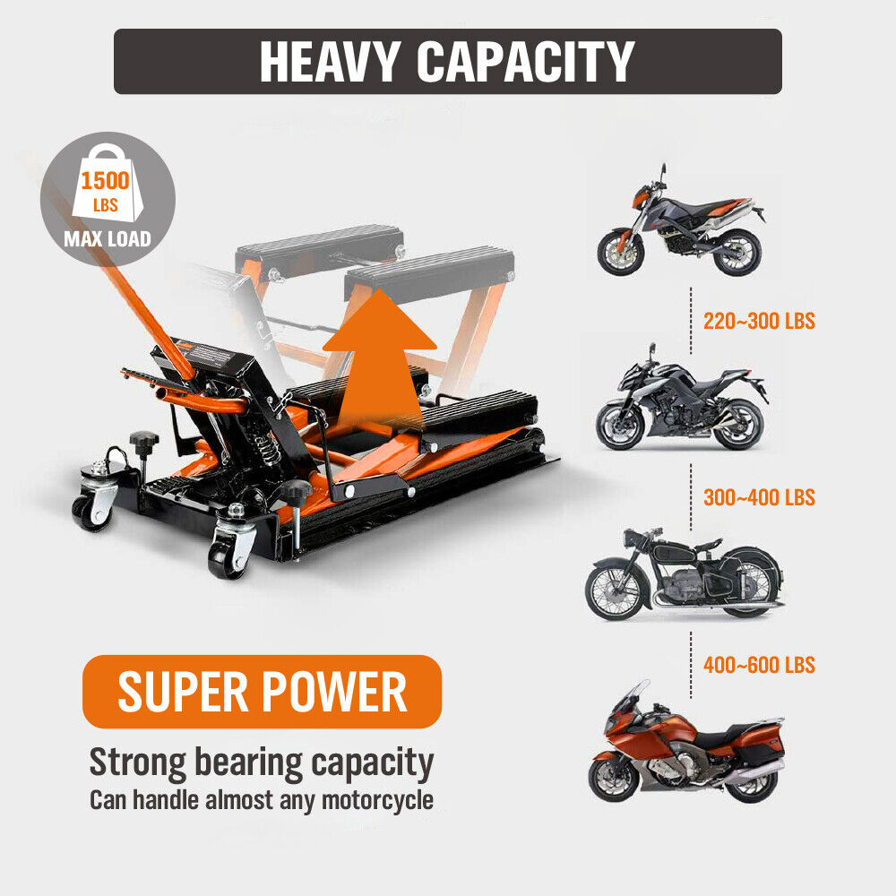 1500LBS Hydraulic Motorcycle Scissor Jack, Safety Pin, Casters