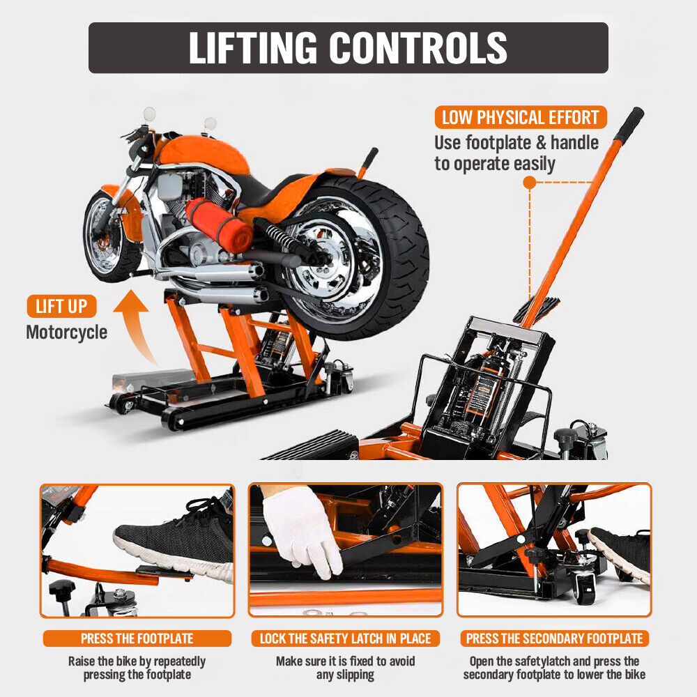 1500LBS Hydraulic Motorcycle Scissor Jack, Safety Pin, Casters