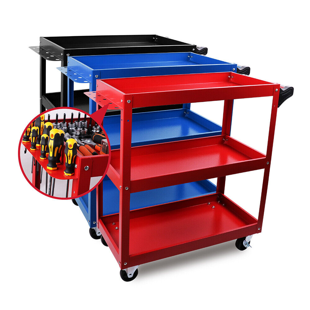 Heavy-Duty Blue 3-Tier Tool Cart Trolley with Lockable Castors, Rust Resistant, 150KG Capacity, HORUSDY