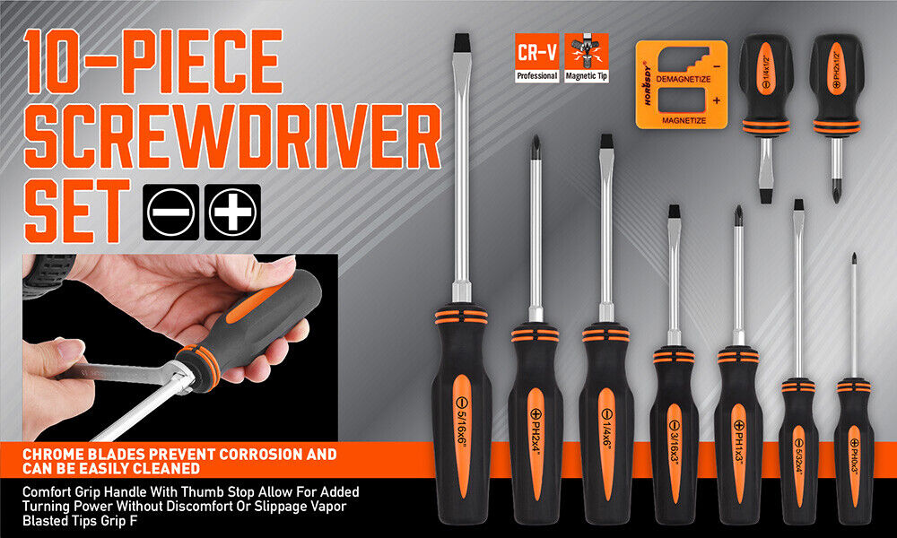 10Pcs Heat-Treated Magnetic Screwdriver Set, Ergonomic