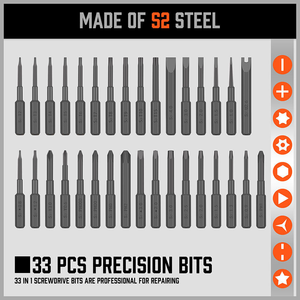 33 PC Precision Screwdriver Set, Philips, Torx, Hex Bits