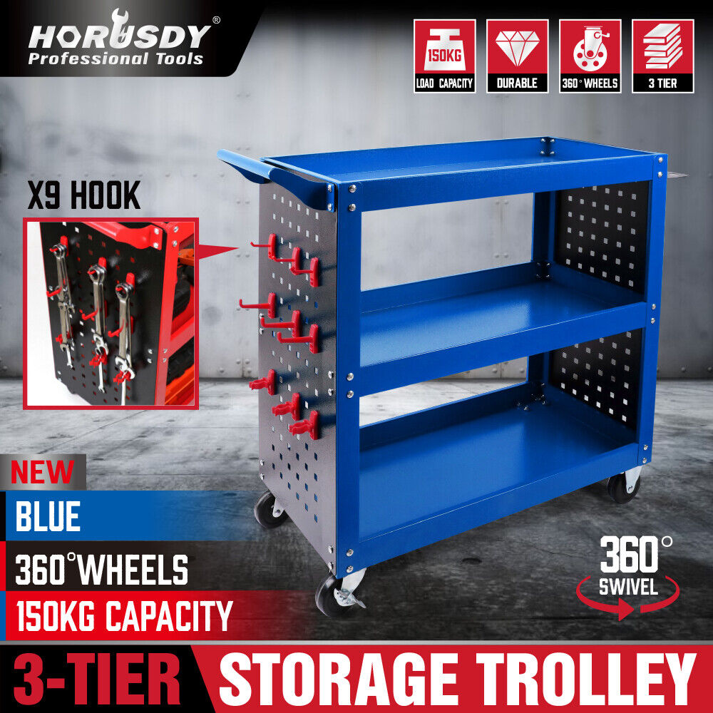 Heavy-Duty 3-Tier Tool Cart with Drawer, Pegboard & Lock