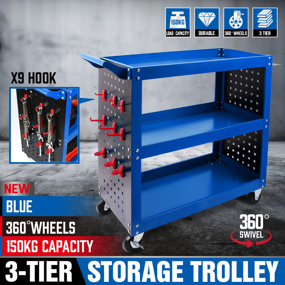 Heavy-Duty 3-Tier Tool Cart with Drawer, Pegboard & Lock