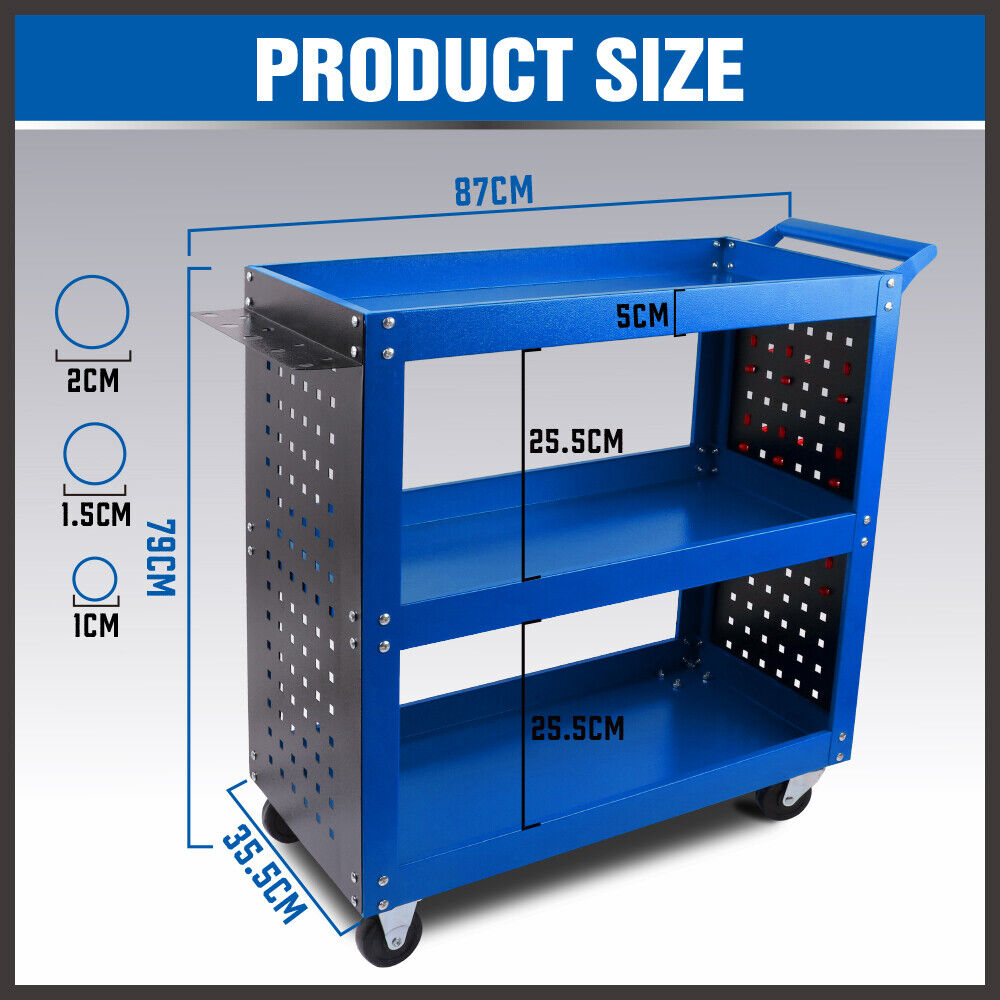 Heavy-Duty 3-Tier Tool Cart with Drawer, Pegboard & Lock