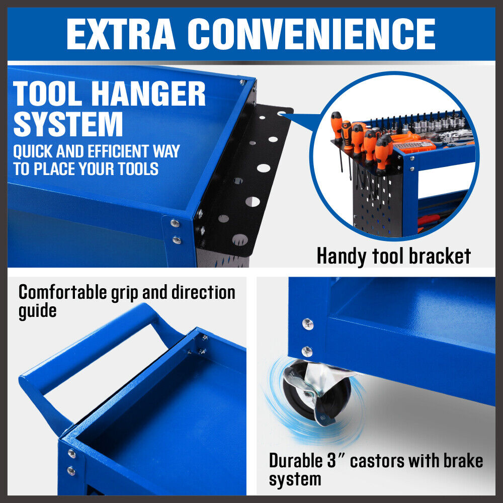 Heavy-Duty 3-Tier Tool Cart with Drawer, Pegboard & Lock