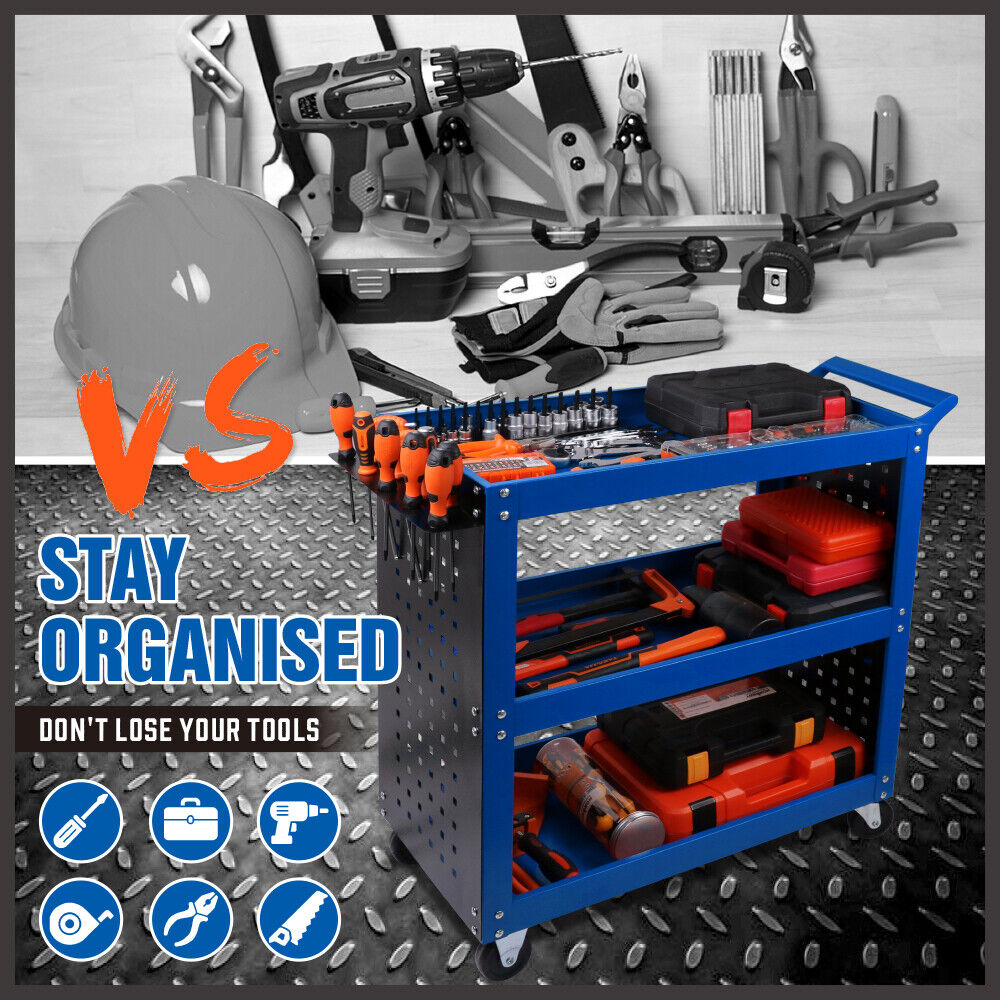 Heavy-Duty 3-Tier Tool Cart with Drawer, Pegboard & Lock