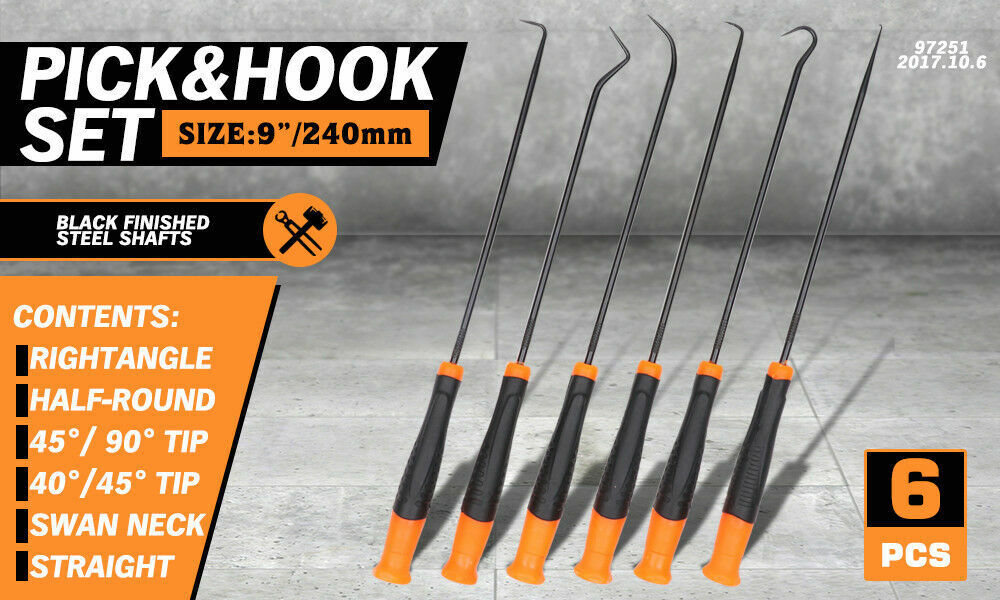 6Pc Carbon Steel Extra Long Pick & Hook Set - 240mm