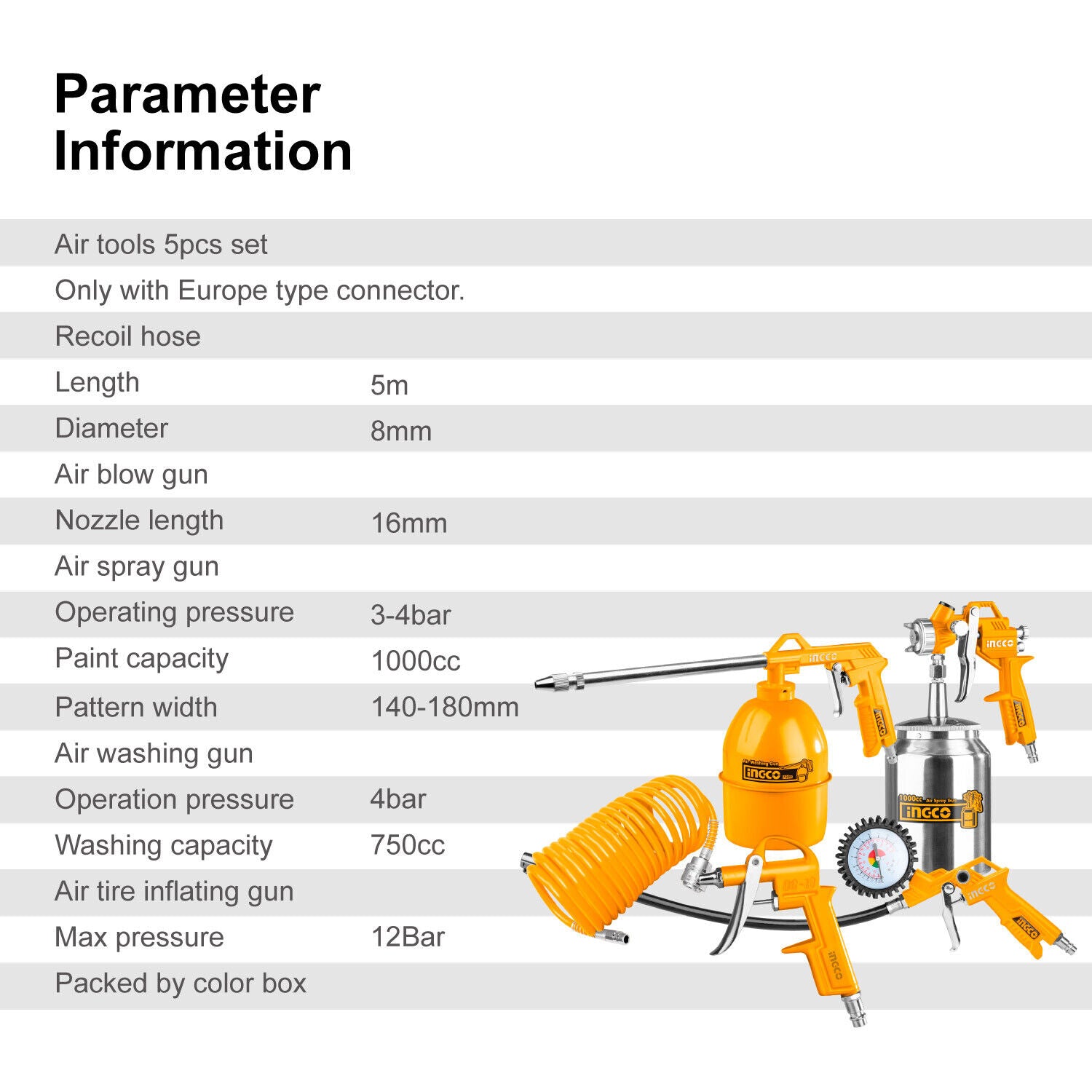 5Pc Air Tool Set w/Spray, Blower, Inflator & Hose - Ingco