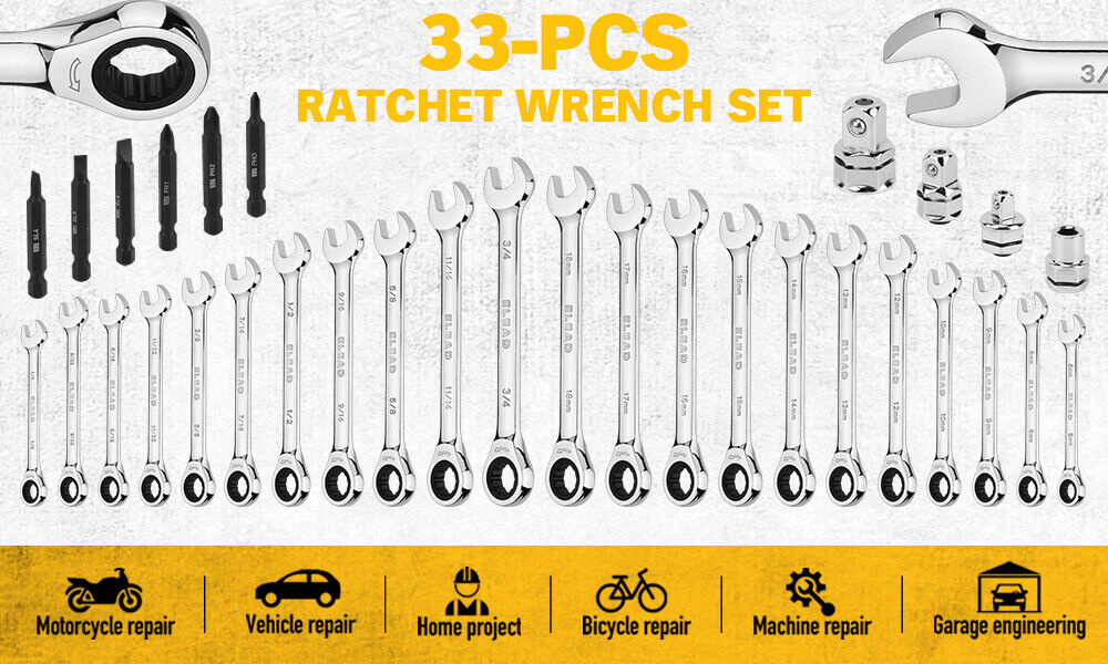 33Pc Chrome Vanadium Ratchet Wrench Set, SAE & Metric Bits