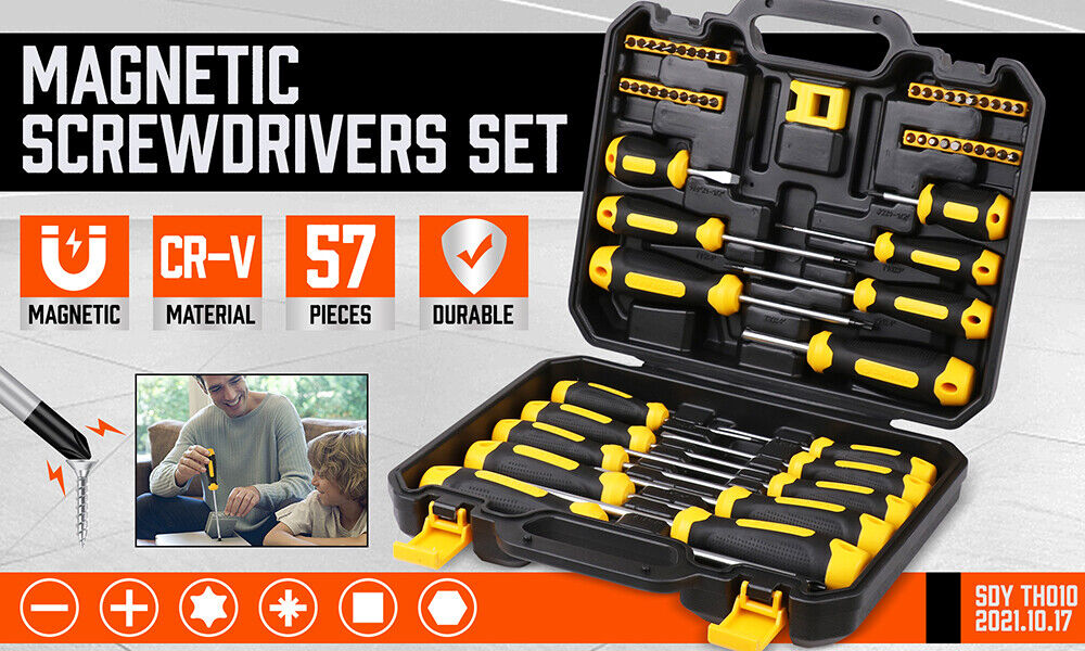 57-Pc Magnetic Screwdriver Set, Ergonomic Soft Grip, 6150 Steel