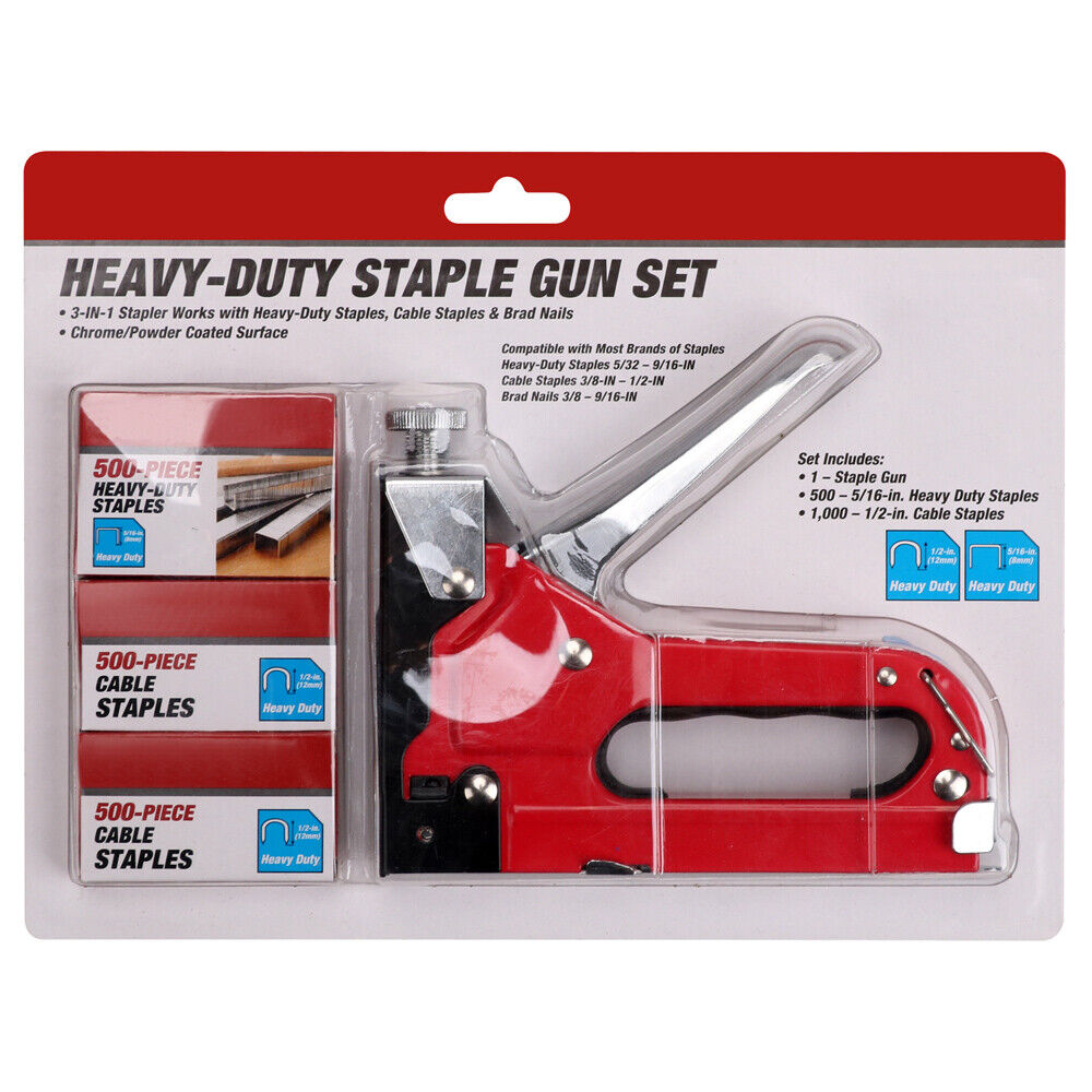 Adjustable Pressure Heavy Duty Staple Gun Set 1500Pc Staples