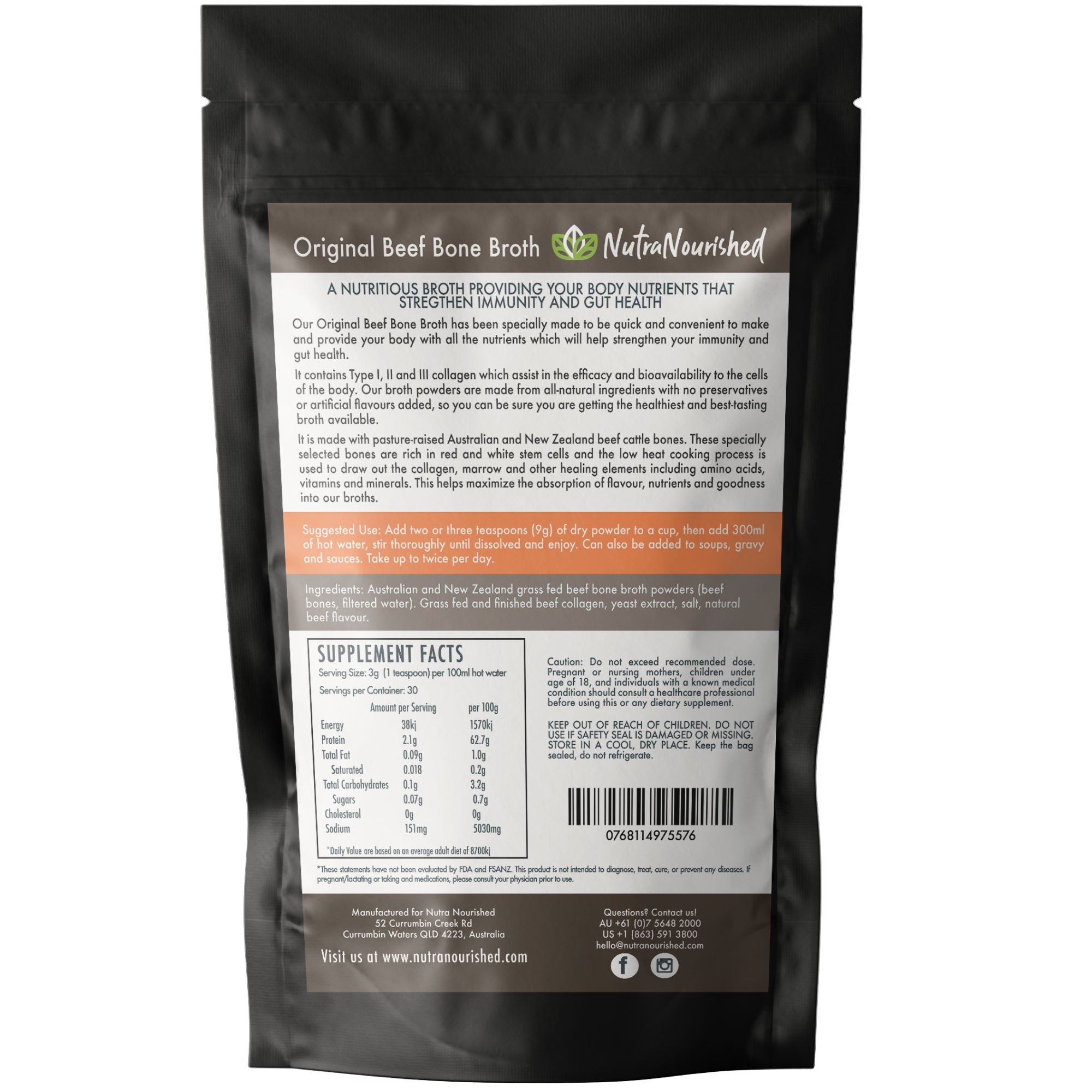 Grass-Fed Beef Bone Broth Powder, Rich in Nutrients, 90g - Nutra Nourished