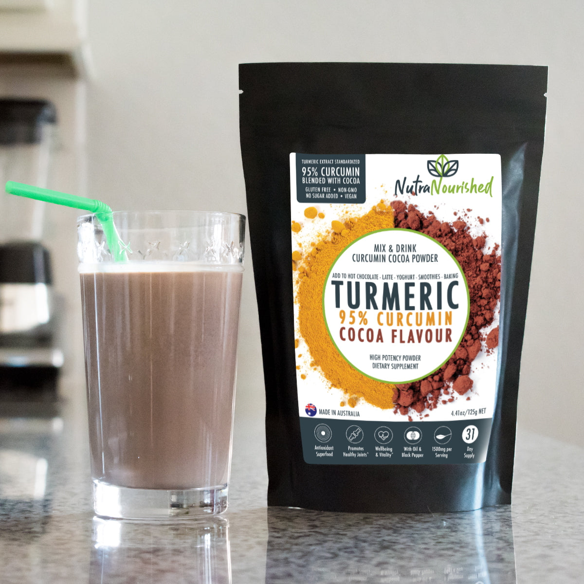 95% Organic Curcumin Extract Cocoa Flavour - Turmeric Powder With Black Pepper - Organic and with Black Pepper, 125g