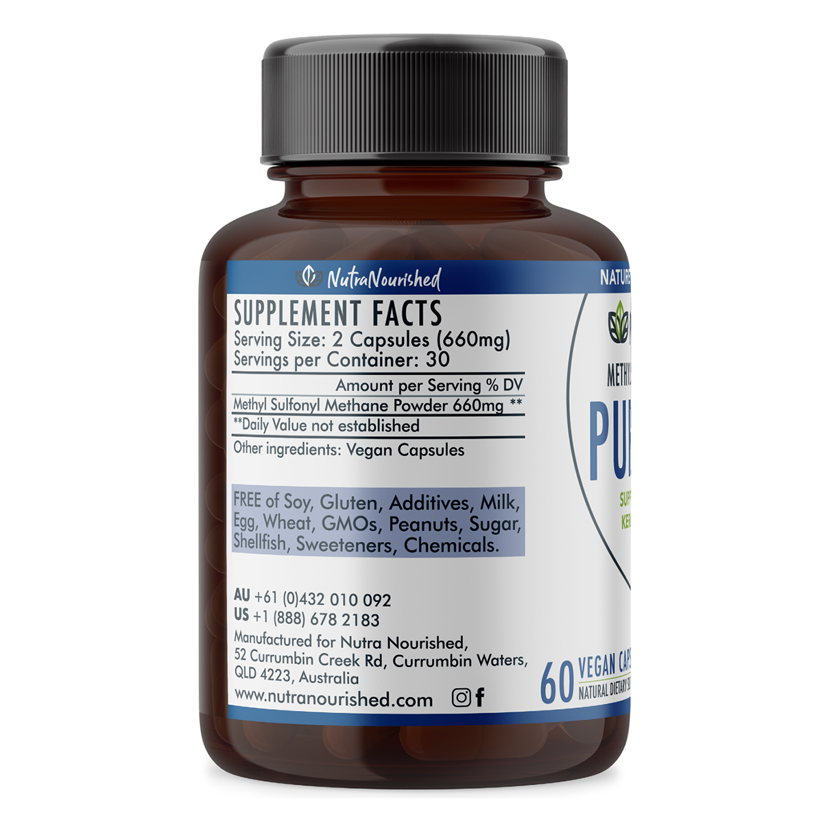 Pure MSM Capsules - Methyl Sulfonyl Methane - 660mg , 60 Vegan Capsules/1 Month