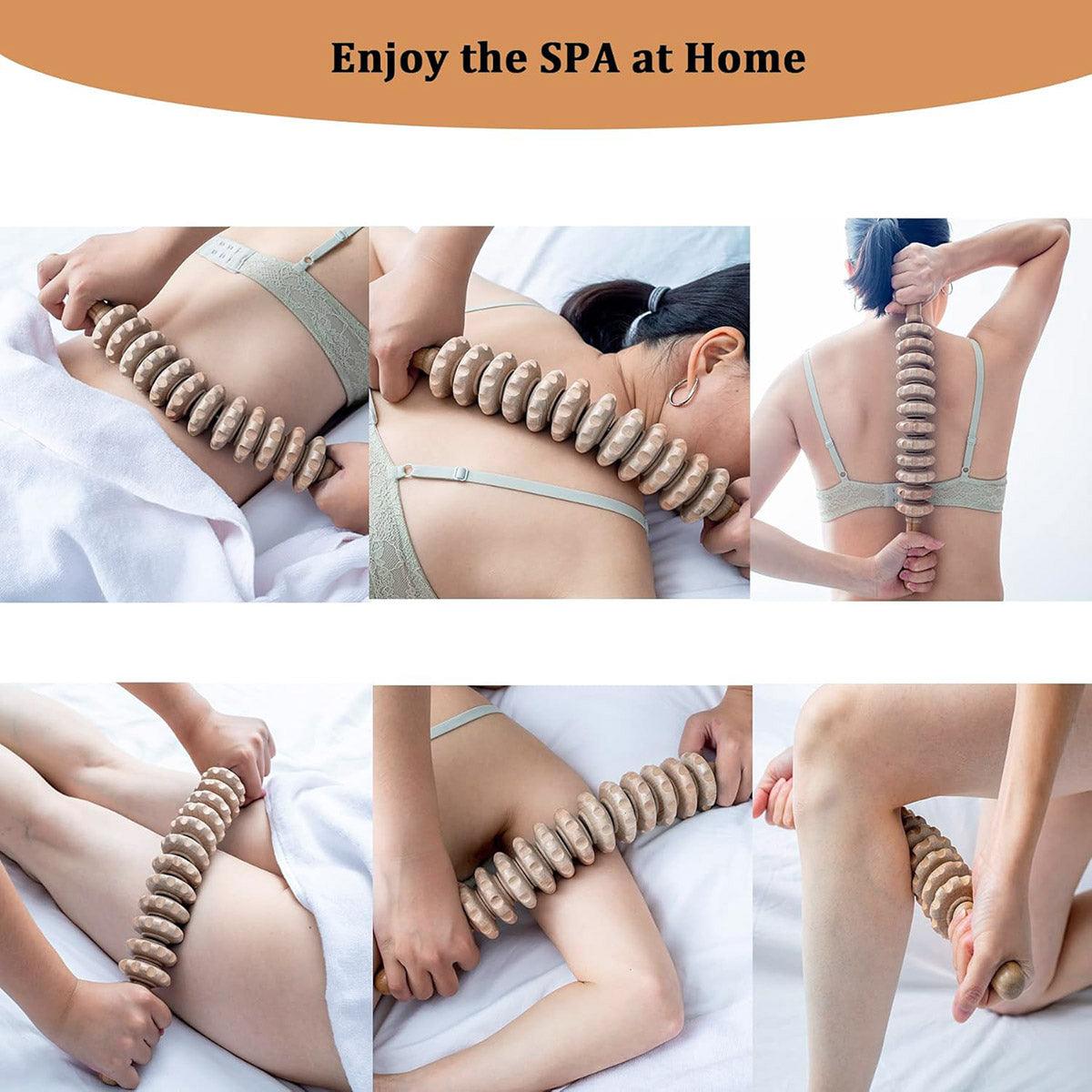 Wooden 12Roller Massage Stick Meridian Therapy Neck Back Thigh Muscle Relaxation