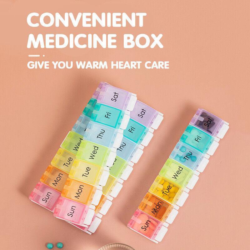 7 Day Weekly Pill Organizer Box with Push Button Rainbow Compartments Travel Case