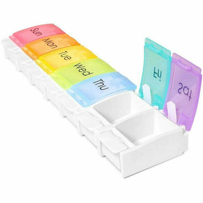 7 Day Weekly Pill Organizer Box with Push Button Rainbow Compartments Travel Case