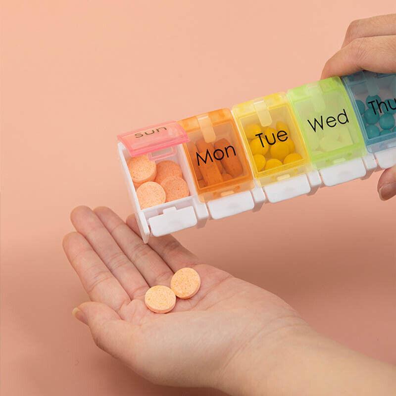 7 Day Weekly Pill Organizer Box with Push Button Rainbow Compartments Travel Case