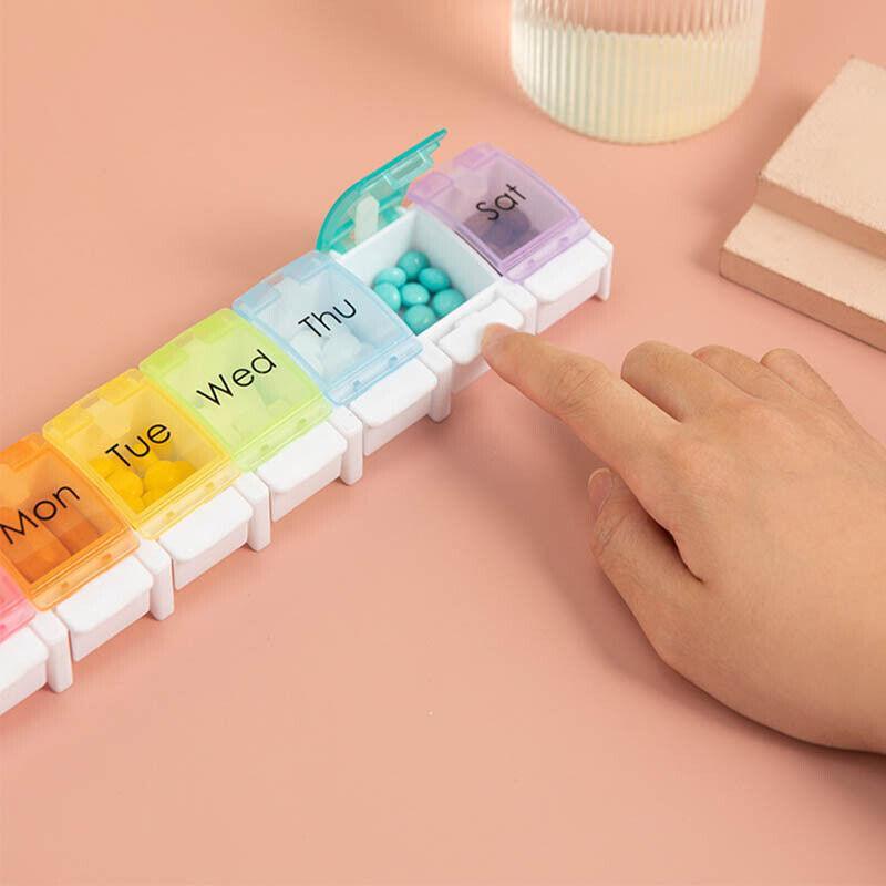7 Day Weekly Pill Organizer Box with Push Button Rainbow Compartments Travel Case