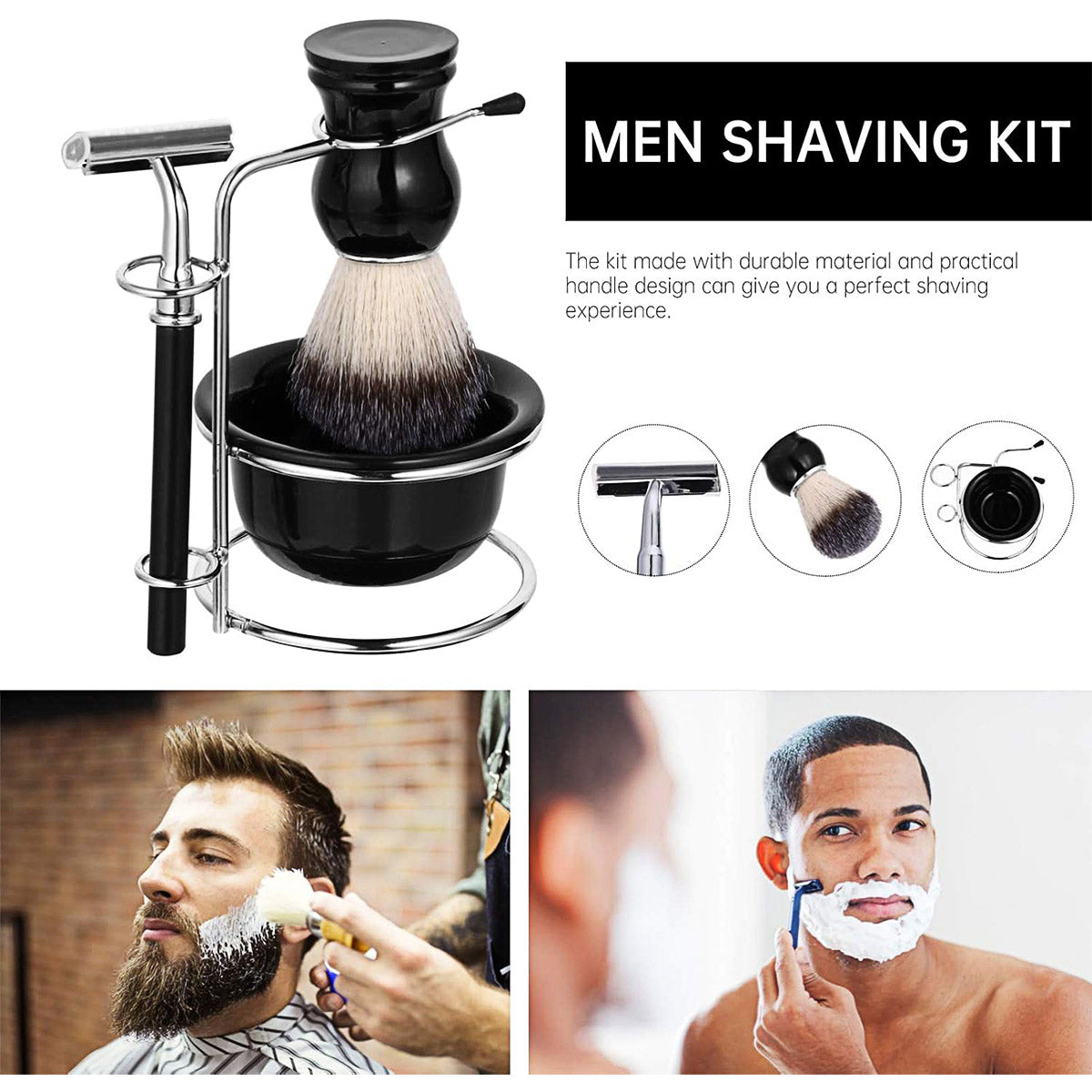 5PCS Shaving Kit Set Manual Razor Brush Stand Bowl Set for Men